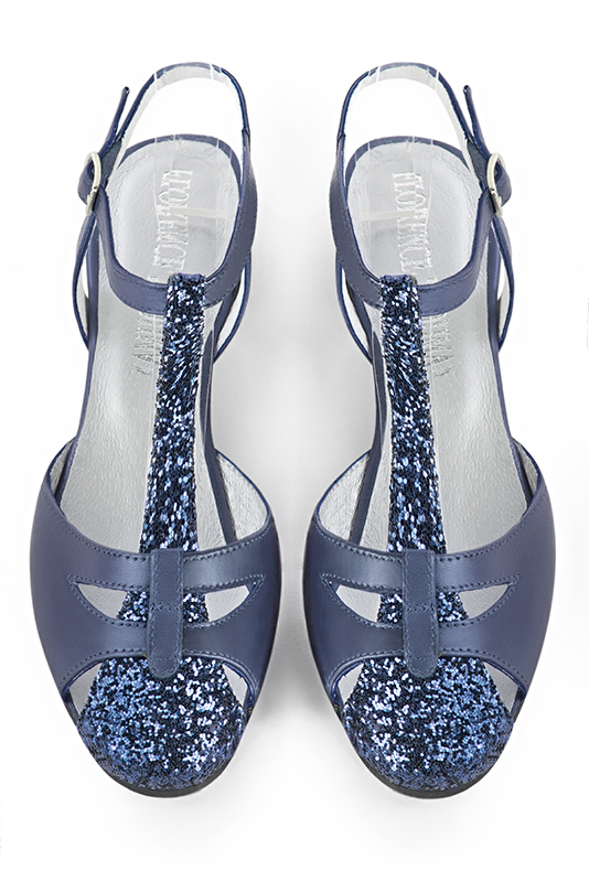Prussian blue women's open back T-strap shoes. Round toe. Flat leather soles. Top view - Florence KOOIJMAN
